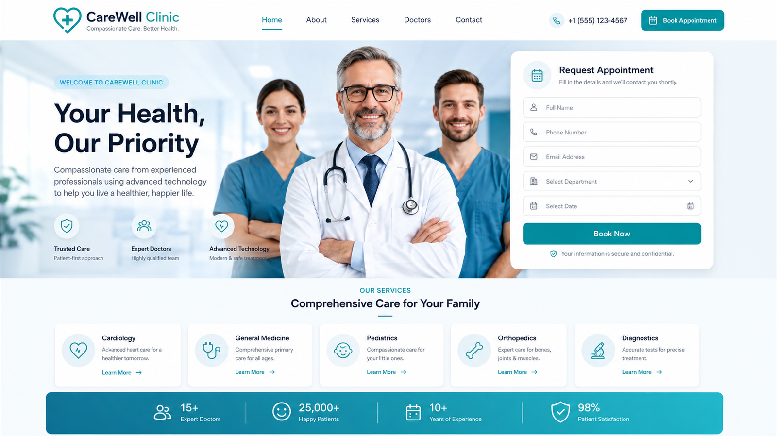 Clinic website design with doctors, healthcare services and appointment form